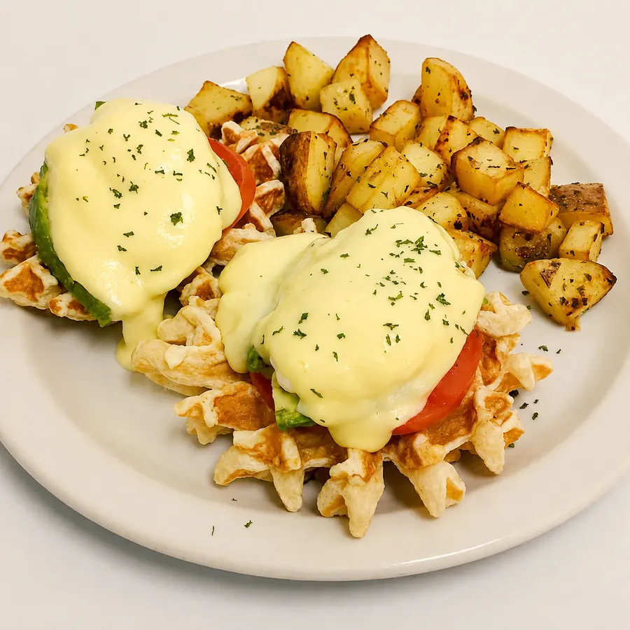 Eggs Benedict with potatoes at Broughton Street Deli